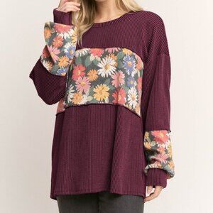 B15 LONG PUFF SOLID URBAN RIBBED AND FLORAL PRINT CONTRAST TOP BURGUNDY NEW